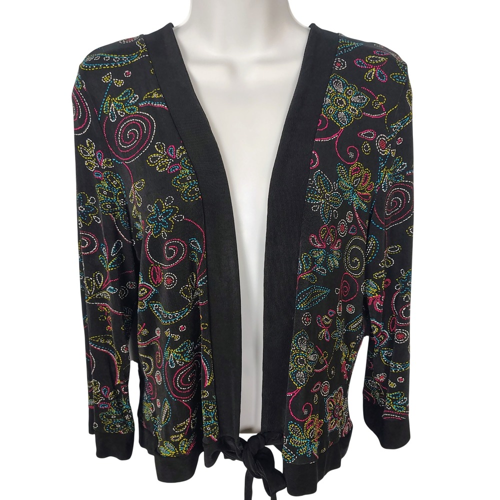 Choices Petite Black Floral Paisley Tie Front Cardigan PM USA Made whimsigoth